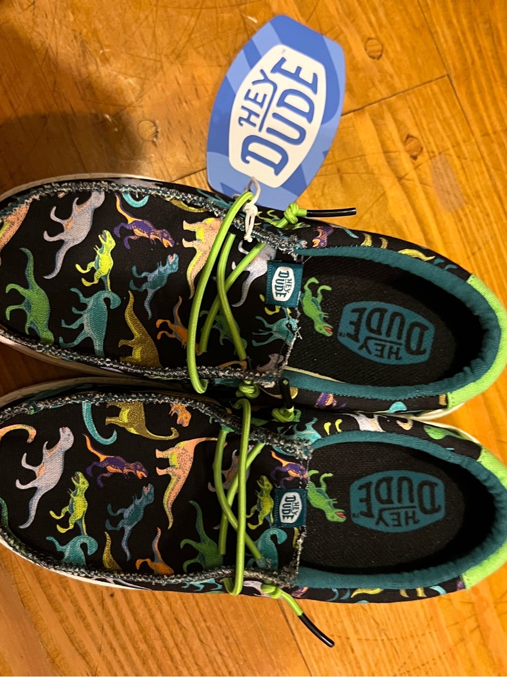Boys NWT Hey Dude Kids' Black Dinosaur Print Slip-On Shoes with Green Trim